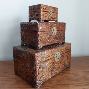 Hand-Carved Floral Wood Nesting Boxes - Brown